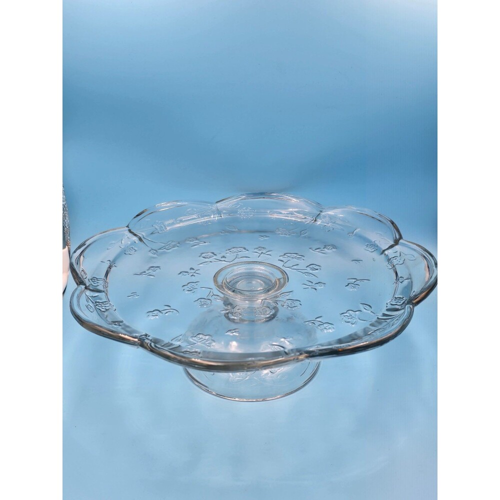 Vintage Clear Pressed Glass Flowers Cake Stand